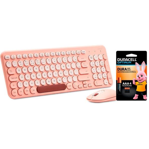 Teclado e Mouse sem Fio, Wireless, Padrão ABNT2, Coral, KMW278P, Ergo + Pilha Alcalina Duracell Palito AAA, Optimum CX 1 UN
