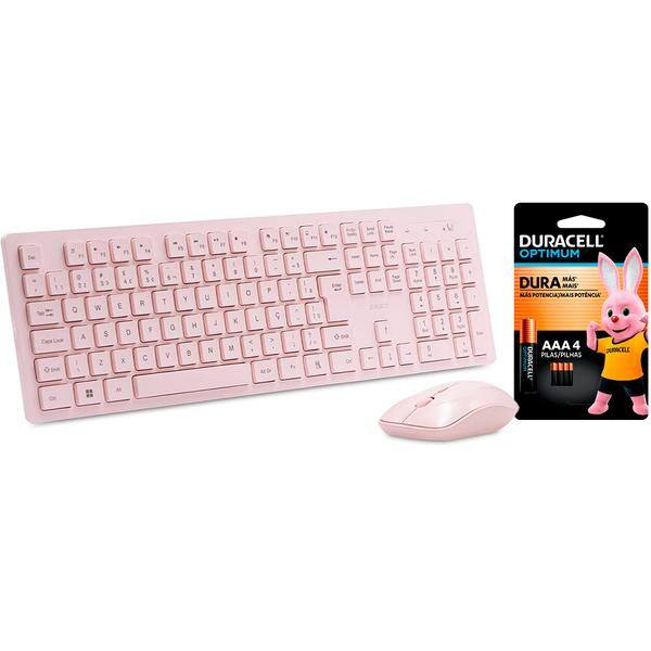 Teclado e Mouse sem Fio, Wireless, Padrão ABNT2, Rosa, KMW206P, Ergo + Pilha Alcalina Duracell Palito AAA, Optimum CX 1 UN