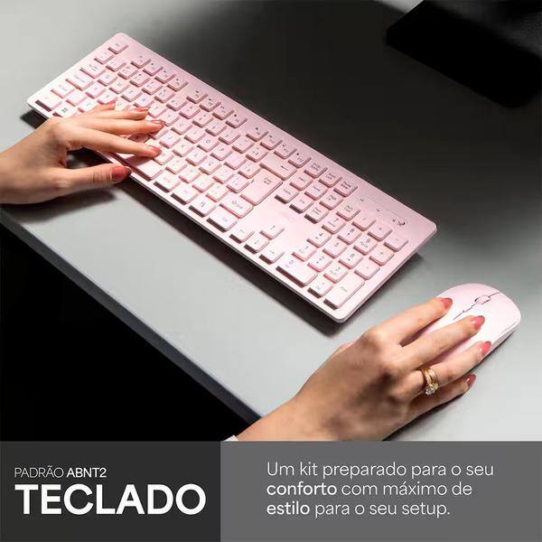 Teclado e Mouse sem Fio, Wireless, Padrão ABNT2, Rosa, KMW206P, Ergo + Pilha Alcalina Duracell Palito AAA, Optimum CX 1 UN