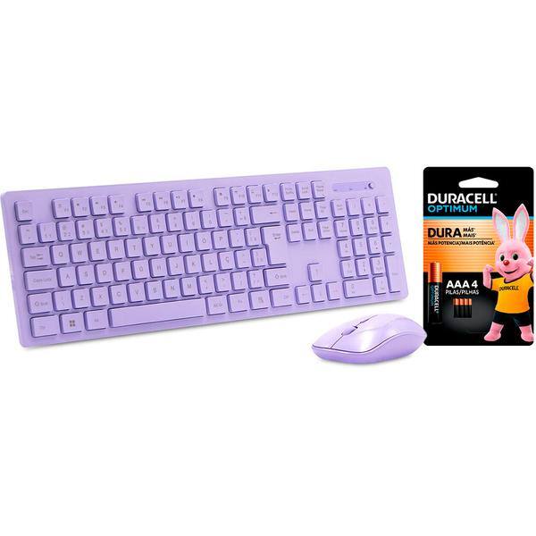 Teclado e Mouse sem Fio, Wireless, Padrão ABNT2, Lilás, KMW206L, Ergo + Pilha Alcalina Duracell Palito AAA, Optimum CX 1 UN