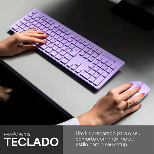 Teclado e Mouse sem Fio, Wireless, Padrão ABNT2, Lilás, KMW206L, Ergo + Pilha Alcalina Duracell Palito AAA, Optimum CX 1 UN