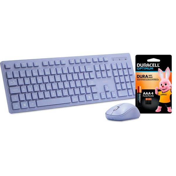 Teclado e Mouse sem Fio, Wireless, Padrão ABNT2, Lilás, KMW231L, Ergo + Pilha Alcalina Duracell Palito AAA, Optimum CX 1 UN