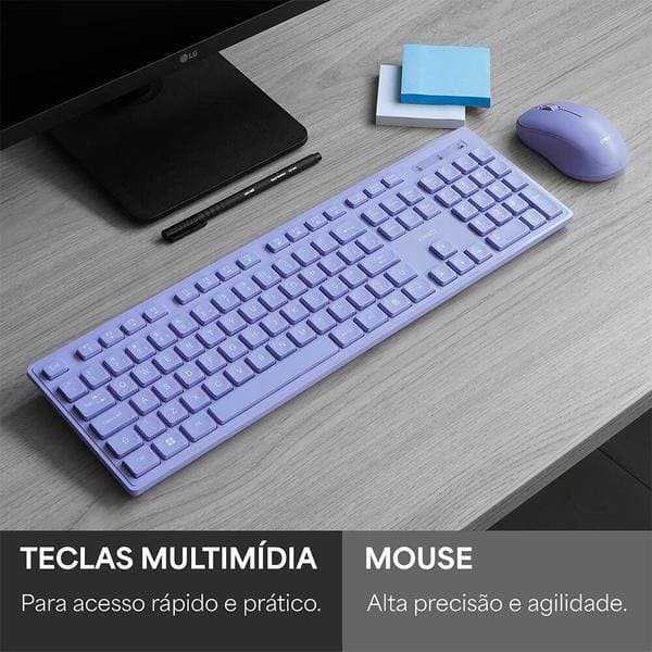 Teclado e Mouse sem Fio, Wireless, Padrão ABNT2, Lilás, KMW231L, Ergo + Pilha Alcalina Duracell Palito AAA, Optimum CX 1 UN