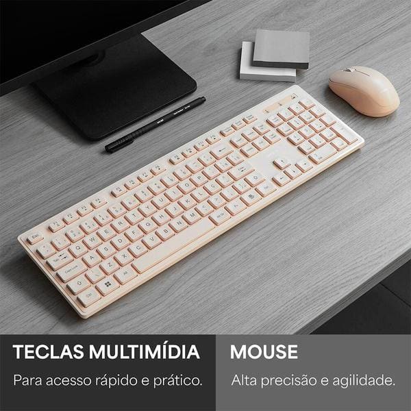 Teclado e Mouse sem Fio, Wireless, Padrão ABNT2, Bege, KMW231BG, Ergo + Pilha Alcalina Duracell Palito AAA, Optimum CX 1 UN