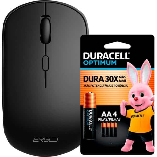 Mouse sem fio, 1600 DPI, Preto, MW7123, Ergo + Pilha Alcalina Duracell Pequena AA, Optimum CX 1 UN
