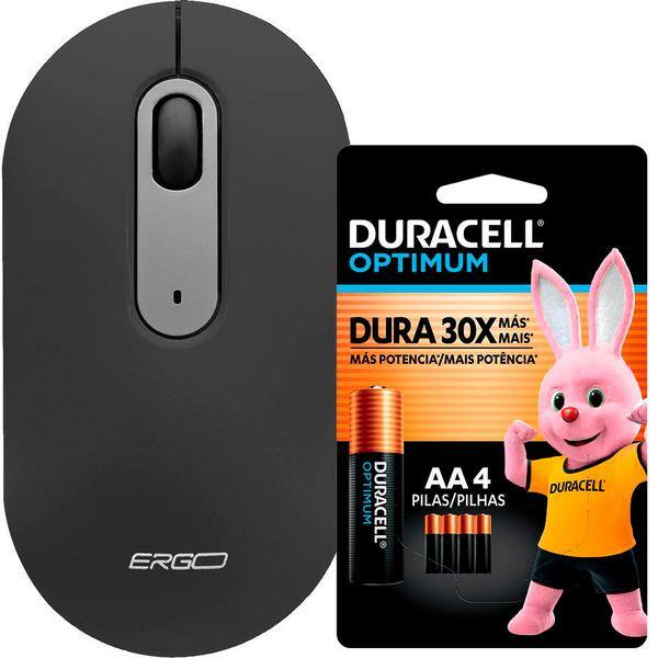 Mouse sem fio, 1600 DPI, Preto, MW7034B, Ergo + Pilha Alcalina Duracell Pequena AA, Optimum CX 1 UN