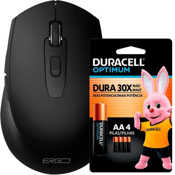 Mouse sem fio, 1600 DPI, Preto, MW7030B, Ergo + Pilha Alcalina Duracell Pequena AA, Optimum CX 1 UN
