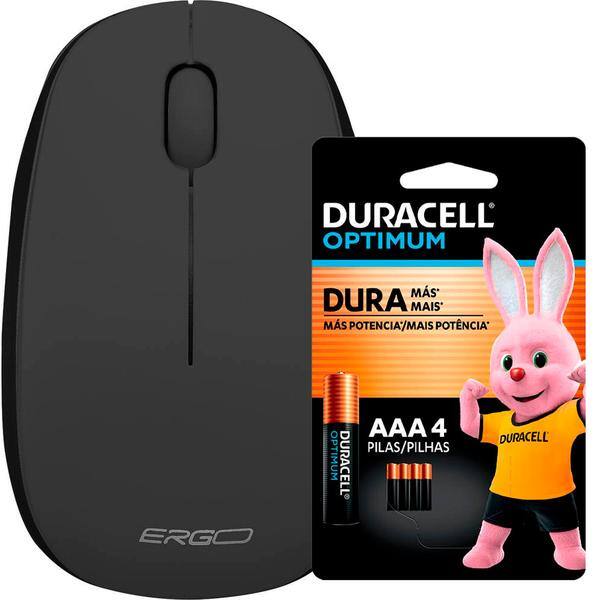 Mouse sem fio, 1200 DPI, Preto, MW7051B, Ergo + Pilha Alcalina Duracell Palito AAA, Optimum CX 1 UN