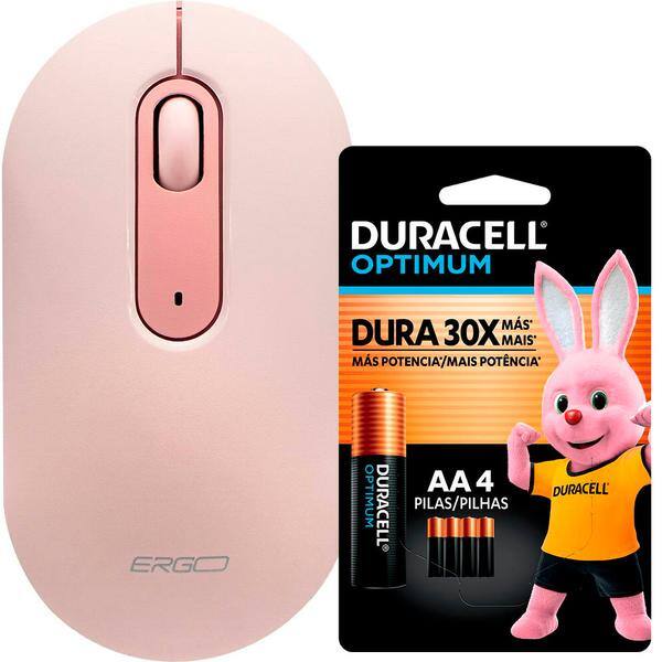 Mouse sem fio, 1600 DPI, Rosa, MW7034P, Ergo + Pilha Alcalina Duracell Pequena AA, Optimum CX 1 UN