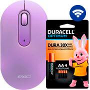 Mouse sem fio, 1600 DPI, Lilás, MW7034L, Ergo + Pilha Alcalina Duracell Pequena AA, Optimum CX 1 UN