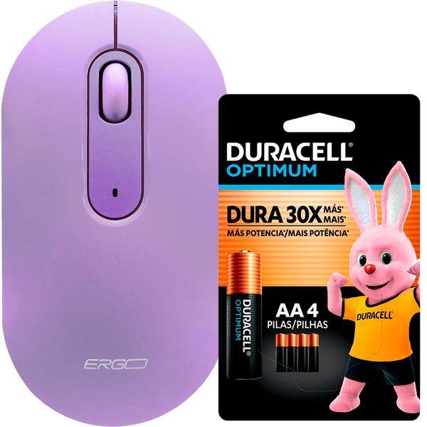 Mouse sem fio, 1600 DPI, Lilás, MW7034L, Ergo + Pilha Alcalina Duracell Pequena AA, Optimum CX 1 UN