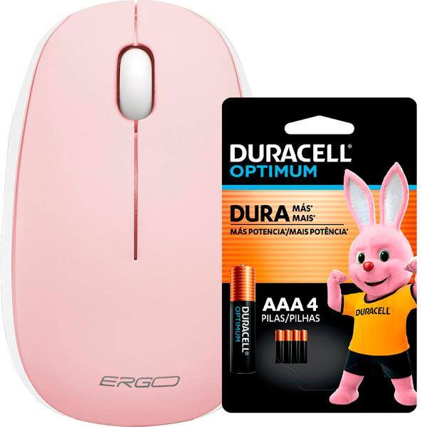 Mouse sem fio, 1200 DPI, Rosa, MW7051P, Ergo + Pilha Alcalina Duracell Palito AAA, Optimum CX 1 UN