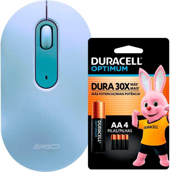 Mouse sem fio, 1600 DPI, Azul, MW7034BL, Ergo + Pilha Alcalina Duracell Pequena AA, Optimum CX 1 UN