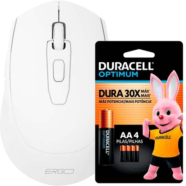 Mouse sem fio, 1600 DPI, Branco, MW7030W, Ergo + Pilha Alcalina Duracell Pequena AA, Optimum CX 1 UN