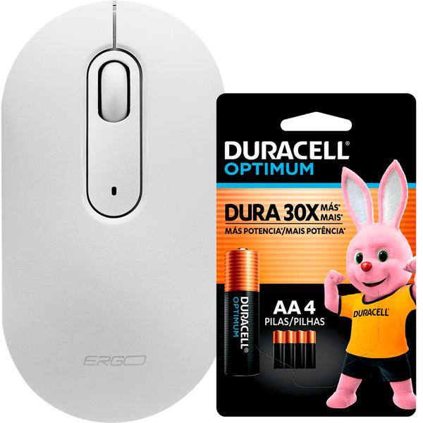 Mouse sem fio, 1600 DPI, Branco, MW7034W, Ergo + Pilha Alcalina Duracell Pequena AA, Optimum CX 1 UN