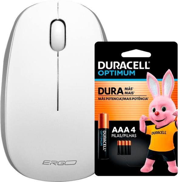 Mouse sem fio, 1200 DPI, Branco, MW7051W, Ergo + Pilha Alcalina Duracell Palito AAA, Optimum CX 1 UN