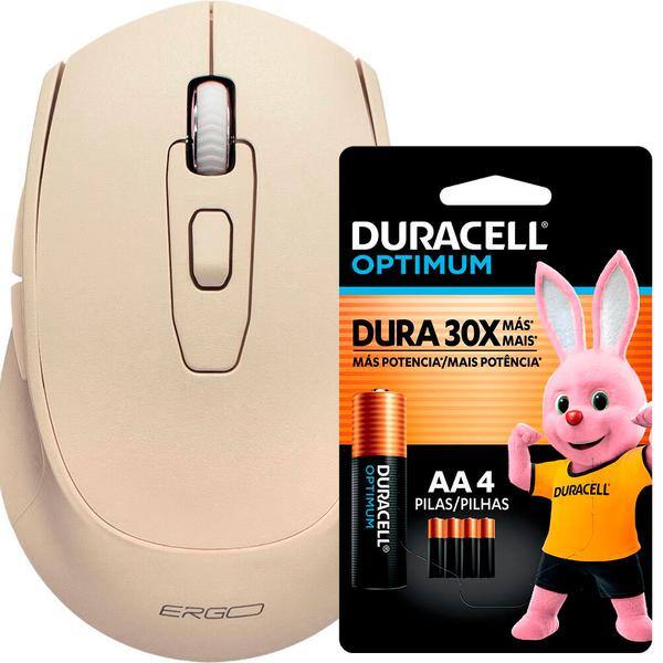 Mouse sem fio, 1600 DPI, Bege, MW7030BG, Ergo + Pilha Alcalina Duracell Pequena AA, Optimum CX 1 UN