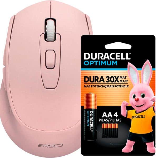 Mouse sem fio, 1600 DPI, Rosa, MW7030P, Ergo + Pilha Alcalina Duracell Pequena AA, Optimum CX 1 UN