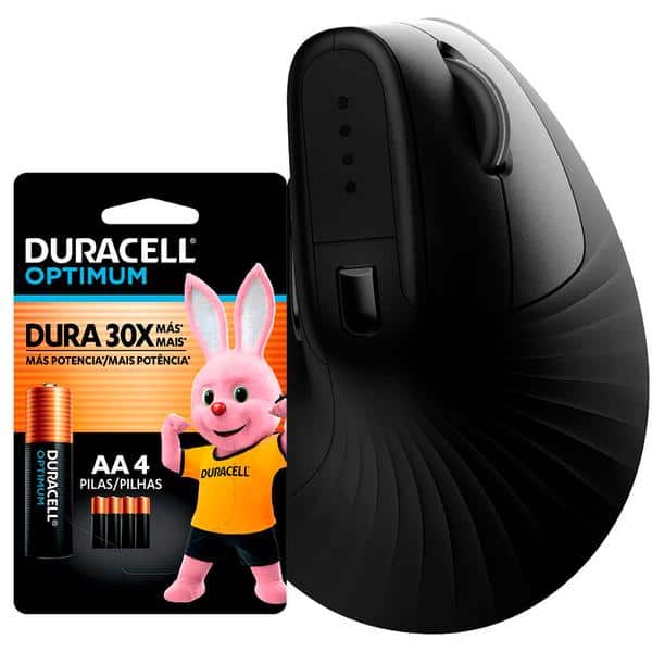 Mouse ergonômico sem fio, Vertical, 4000 DPI, Preto, MWBE08B, Ergo + Pilha Alcalina Duracell Pequena AA, Optimum CX 1 UN