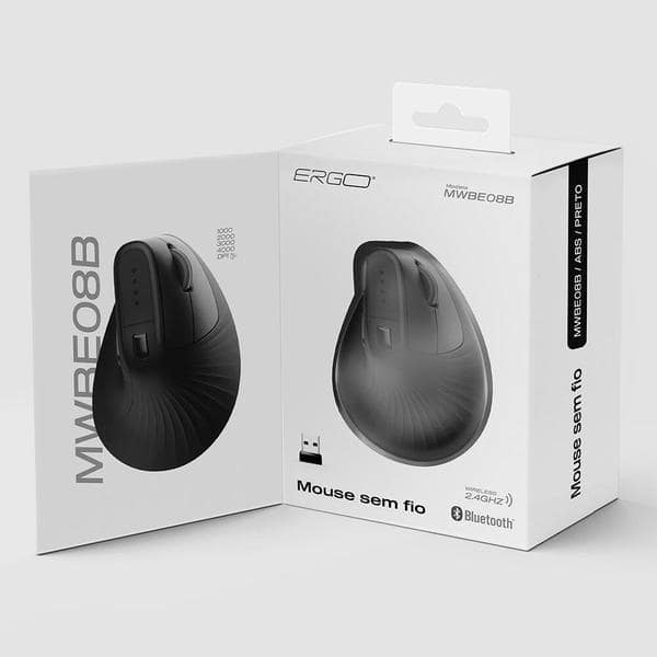 Mouse ergonômico sem fio, Vertical, 4000 DPI, Preto, MWBE08B, Ergo + Pilha Alcalina Duracell Pequena AA, Optimum CX 1 UN