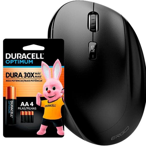 Mouse ergonômico sem fio, 1600 DPI, Preto, MWBE05, Ergo + Pilha Alcalina Duracell Pequena AA, Optimum CA 1 UN