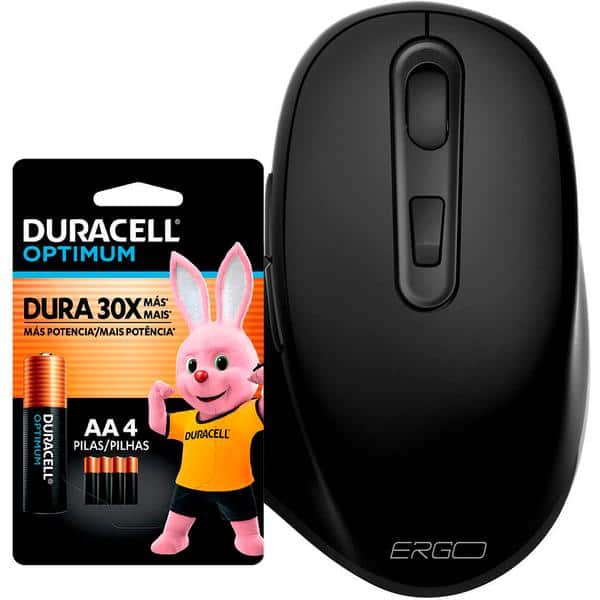 Mouse ergonômico sem fio, 1600 DPI, Preto, MWE7059, Ergo + Pilha Alcalina Duracell Pequena AA, Optimum CX 1 UN