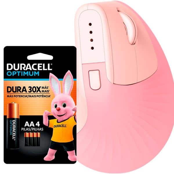Mouse ergonômico sem fio, Vertical, 4000 DPI, Rosa, MWBE08P, Ergo + Pilha Alcalina Duracell Pequena AA, Optimum CX 1 UN