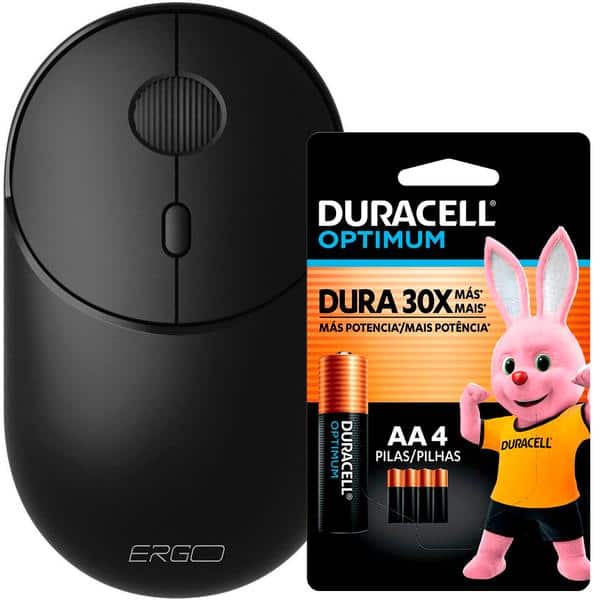 Mouse sem fio, 1600 DPI, Preto, MWB711B, Ergo + Pilha Alcalina Duracell Pequena AA, Optimum CX 1 UN