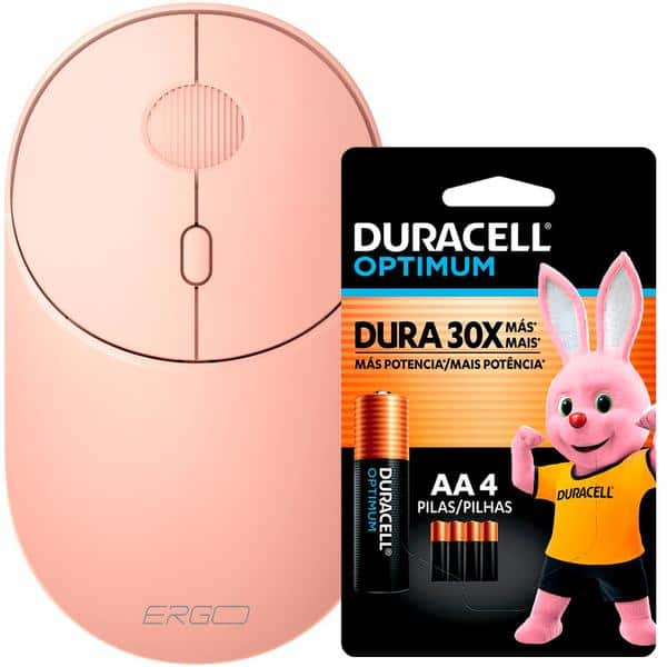 Mouse sem fio, 1600 DPI, Rosa, MWB711P, Ergo + Pilha Alcalina Duracell Pequena AA, Optimum CX 1 UN