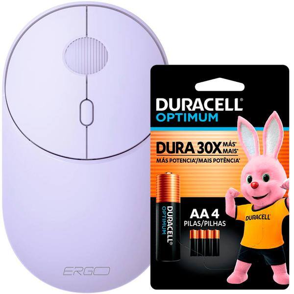 Mouse sem fio, 1600 DPI, Lilás, MWB711L, Ergo + Pilha Alcalina Duracell Pequena AA, Optimum CX 1 UN