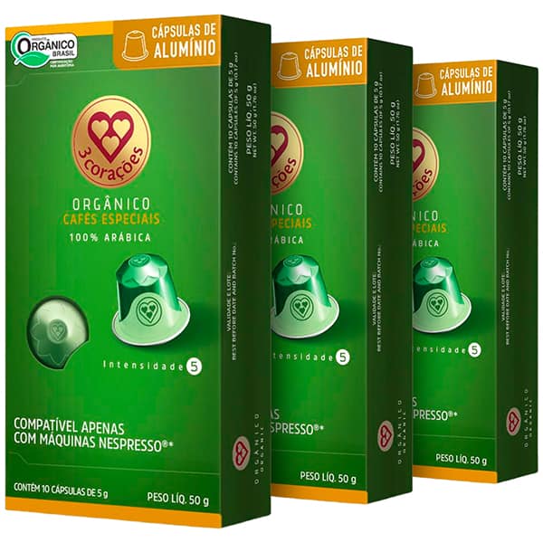 Kit com 30 Cápsula de café Orgânico, Compatível com Cafeteira Nespresso Tres Corações - CX 1 UN