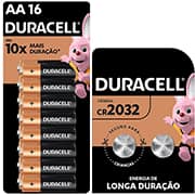 Pilha alcalina pequena AA, 1.5 V, 80673782, Duracell BT 16 UN + Bateria lítio eletrônica, 3 V, CR2032 5009886, Duracell BT 2 UN - CX 1 UN