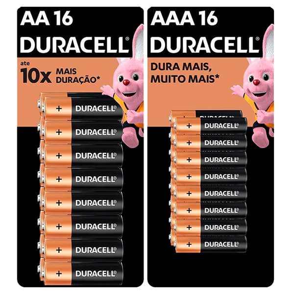 Pilha Alcalina Duracell Pequena AA, com 16 unidades + Pilha Alcalina Duracell Palito AAA, Com 16 unidades - BT 1 UN