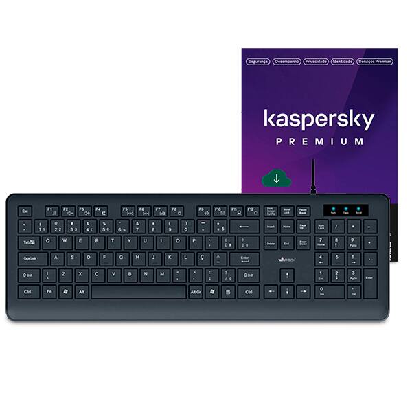 Teclado com fio USB, ABNT2, Preto, KF300, App-Tech + Kaspersky Antivírus Premium,1 dispositivo, 12 meses, KL1047KDAFS, Kaspersky - CX 1 UN