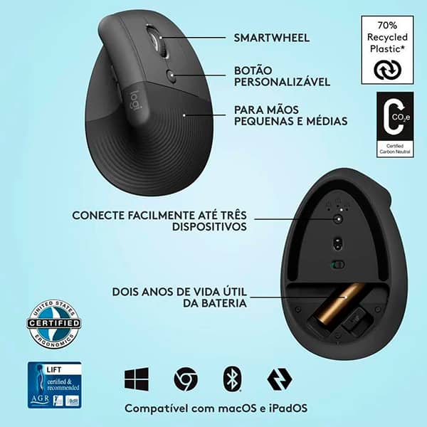 Mouse Sem Fio Logitech Lift Vertical com Design Ergonômico para Redução de Tensão Muscular, Cliques Silenciosos, Bluetooth ou USB - Grafite + Teclado Ergonômico sem fio Logitech Wave Keys com Design Ondulado, Conexão Bluetooth, Compatível com Windows/Mac, Layout US - Grafite CX 1 UN
