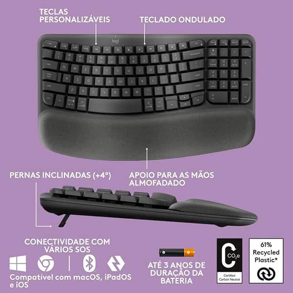 Mouse Sem Fio Logitech Lift Vertical com Design Ergonômico para Redução de Tensão Muscular, Cliques Silenciosos, Bluetooth ou USB - Grafite + Teclado Ergonômico sem fio Logitech Wave Keys com Design Ondulado, Conexão Bluetooth, Compatível com Windows/Mac, Layout US - Grafite CX 1 UN