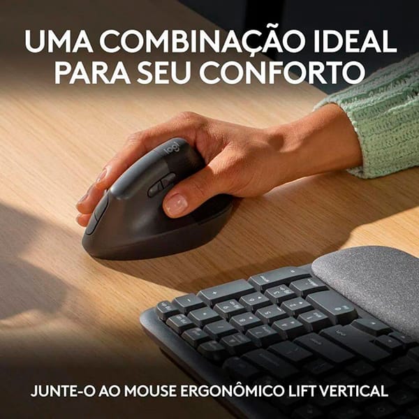 Mouse Sem Fio Logitech Lift Vertical com Design Ergonômico para Redução de Tensão Muscular, Cliques Silenciosos, Bluetooth ou USB - Grafite + Teclado Ergonômico sem fio Logitech Wave Keys com Design Ondulado, Conexão Bluetooth, Compatível com Windows/Mac, Layout US - Grafite CX 1 UN