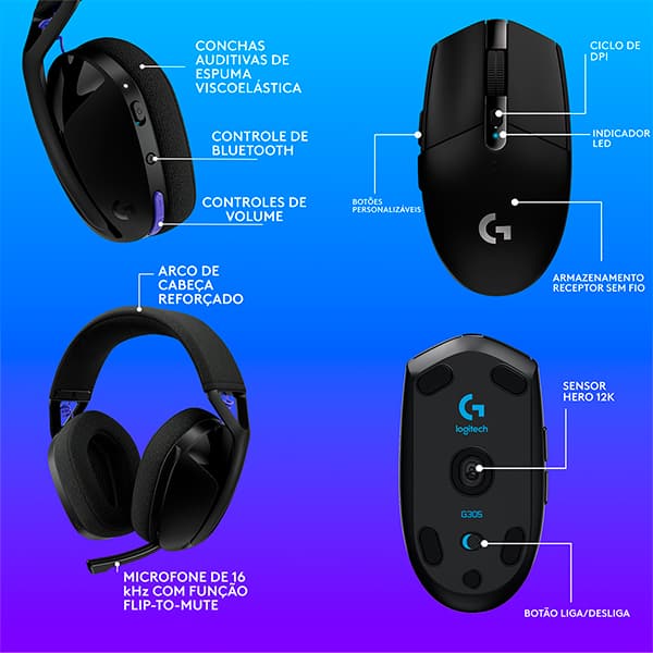 Headset Gamer G321 Lightspeed, Sem fio, Bluetooth, Preto, 981-001562, Logitech G + Mouse Gamer Sem Fio Logitech G305 LIGHTSPEED com 6 Botões Programáveis e Até 12.000 DPI - Preto CX 1 UN