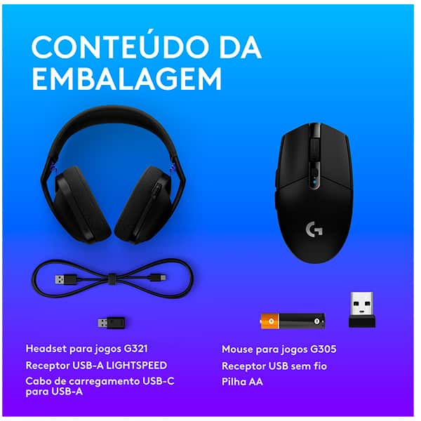 Headset Gamer G321 Lightspeed, Sem fio, Bluetooth, Preto, 981-001562, Logitech G + Mouse Gamer Sem Fio Logitech G305 LIGHTSPEED com 6 Botões Programáveis e Até 12.000 DPI - Preto CX 1 UN