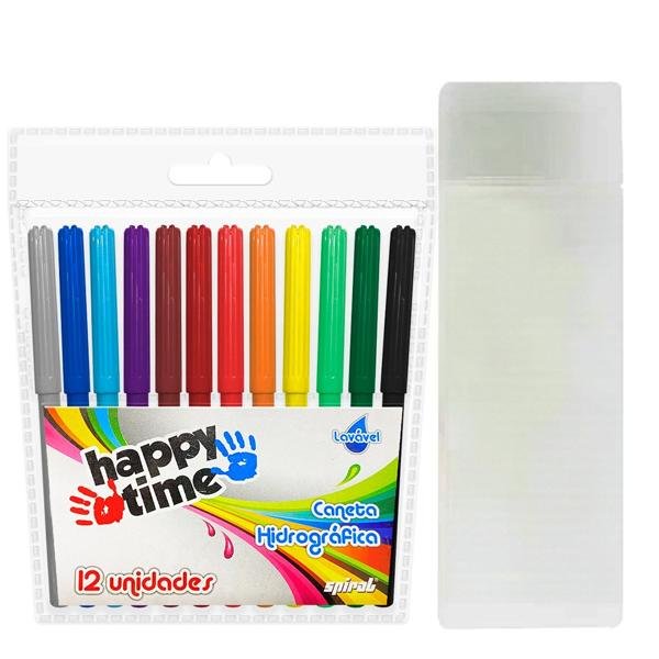 Estojo escolar polipropileno, Branco, AB6025, Spiral + Caneta hidrográfica 12 cores para colorir Happy-time PT 1 UN