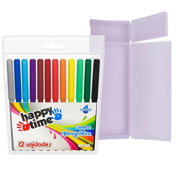 Estojo escolar polipropileno, Lilás, AB6025, Spiral + Caneta hidrográfica 12 cores para colorir Happy-time PT 1 UN