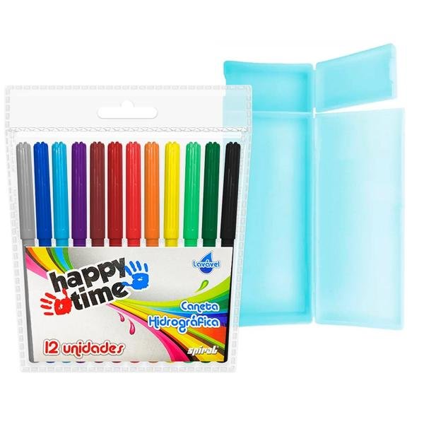 Estojo escolar polipropileno, Azul, AB6025, Spiral + Caneta hidrográfica 12 cores para colorir Happy-time PT 1 UN