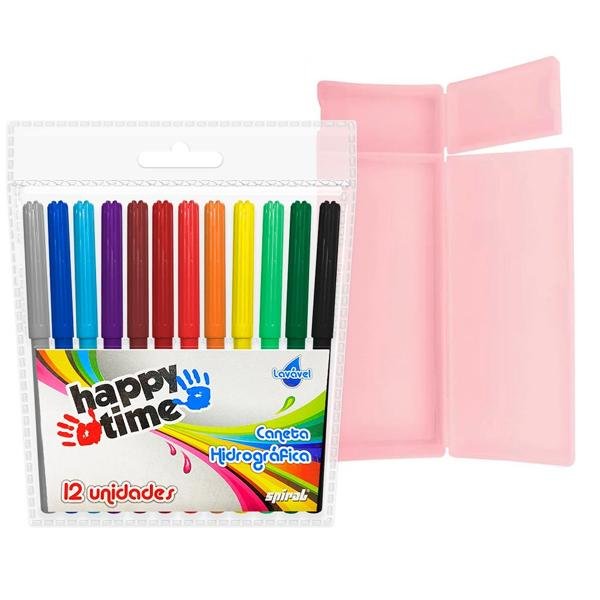 Estojo escolar polipropileno, Rosa, AB6025, Spiral + Caneta hidrográfica 12 cores para colorir Happy-time PT 1 UN