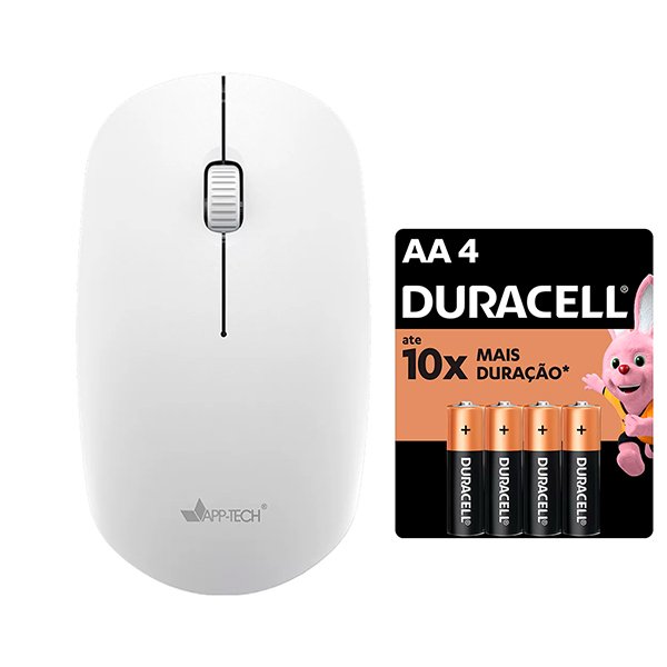 Mouse sem fio, Bluetooth, Branco, 1200dpi, MW352, App-tech + Pilha Alcalina Pequena, AA, Duracell - CX 1 UN