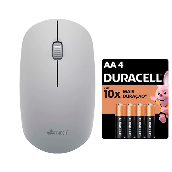 Mouse sem fio, Cinza, 1600dpi, MW253, App-tech + Pilha Alcalina Pequena, AA, Duracell - CX 1 UN