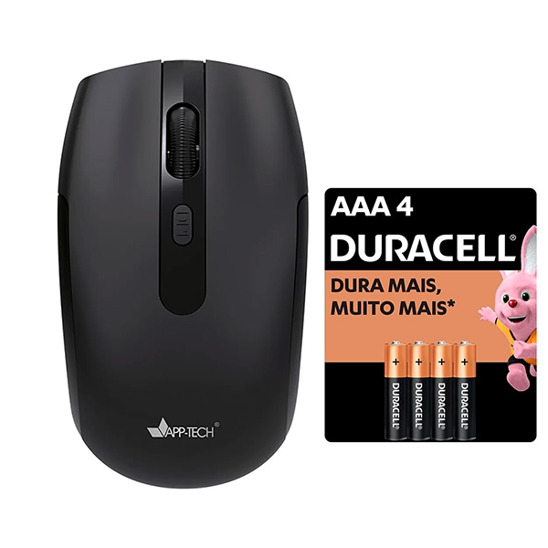 Mouse sem fio, Preto, 1600dpi, MW300, App-tech + Pilha Alcalina Palito, AAA, Duracell - CX 1 UN