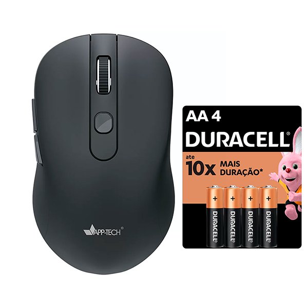 Mouse sem fio, Preto, 1200dpi, MW400, App-tech + Pilha Alcalina Pequena, AA, Duracell - CX 1 UN