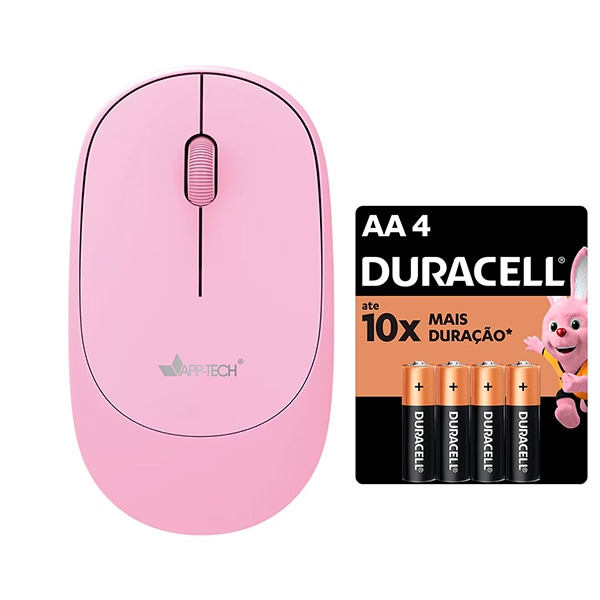 Mouse sem fio, Bluetooth Rosa, 1200dpi, MWB451, App-tech + Pilha Alcalina Pequena, AA, Duracell - CX 1 UN