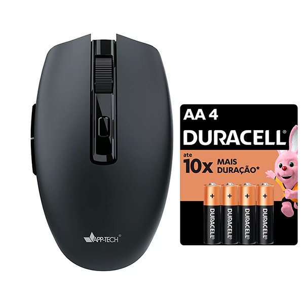 Mouse sem fio, Bluetooth, Preto, 1600dpi, MWB500, App-tech + Pilha Alcalina Palito, AAA, Duracell - CX 1 UN