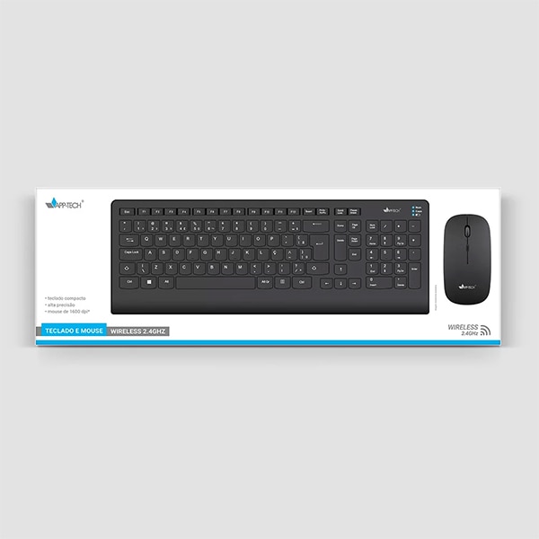 Kit Wireless Teclado e Mouse sem Fio KMW150, Preto - APP-TECH + Pilha Alcalina Palito, AAA, Duracell - CX 1 UN